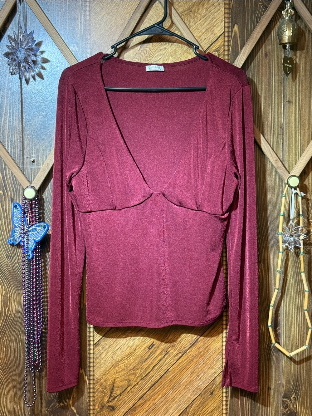 Free People Burgundy Long Sleeve V-Neck Top